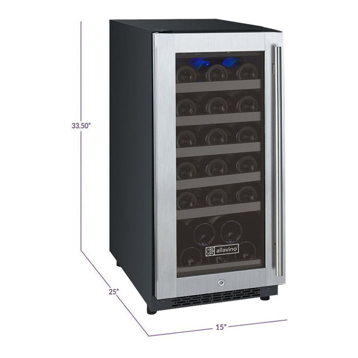 Allavino 15" Wide FlexCount II Tru-Vino 30 Bottle Single Zone Stainless Steel Left Hinge Wine Refrigerator VSWR30-1SL20