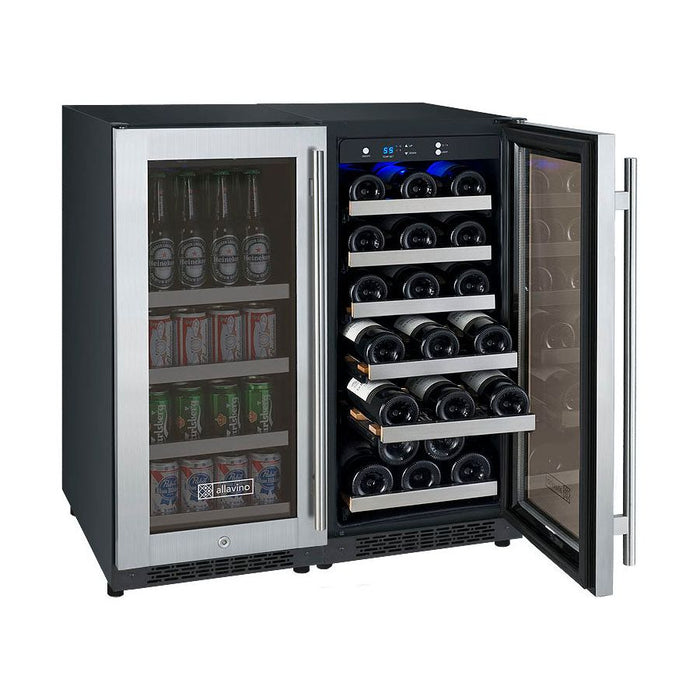 Allavino 30" Wide FlexCount II Tru-Vino 30 Bottle/88 Can Dual Zone Stainless Steel Side-by-Side Wine Refrigerator/Beverage Center 3Z-VSWB15-2S20