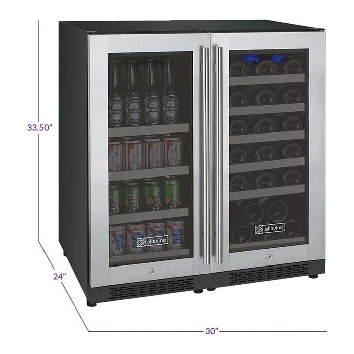 Allavino 30" Wide FlexCount II Tru-Vino 30 Bottle/88 Can Dual Zone Stainless Steel Side-by-Side Wine Refrigerator/Beverage Center 3Z-VSWB15-2S20