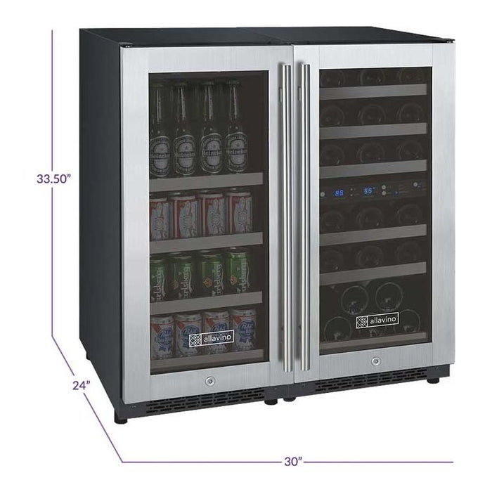 Allavino 30" Wide FlexCount II Tru-Vino 30 Bottle/88 Can Dual Zone Stainless Steel Side-by-Side Wine Refrigerator/Beverage Center 3Z-VSWB15-3S20