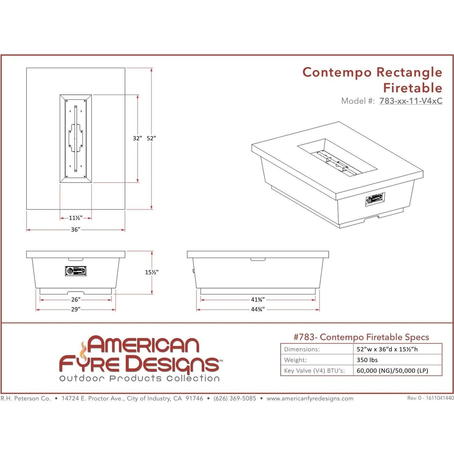 American Fyre Designs Contempo Rectangle Firetable - 783-xx-11-M4xC