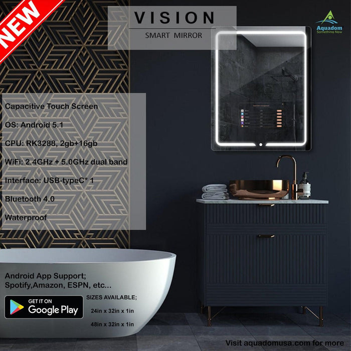 Aquadom Vision 48" x 32" Smart LED Lighted Bathroom Mirror With Built-in TV and Defogger