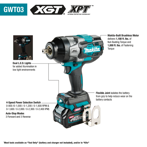 Makita (GWT03Z) 40V max XGT Brushless Cordless 4‑Speed High‑Torque 1/2" Sq. Drive Impact Wrench w/ Detent Anvil, Tool Only -
