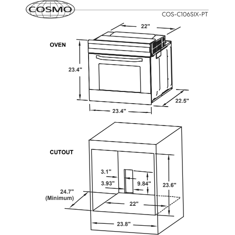 Cosmo 24" 2.5 cu. ft. Single Electric Wall Oven w/8 Functions and True European Convection in Stainless Steel C106SIX-PT