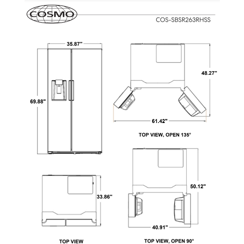 Cosmo 26.3 cu. ft. Side-by-Side Refrigerator with Water and Ice Dispenser in Stainless Steel26.3 cu. ft. Side-by-Side Refrigerator with Water and Ice Dispenser in Stainless Steel COS-SBSR263RHSS