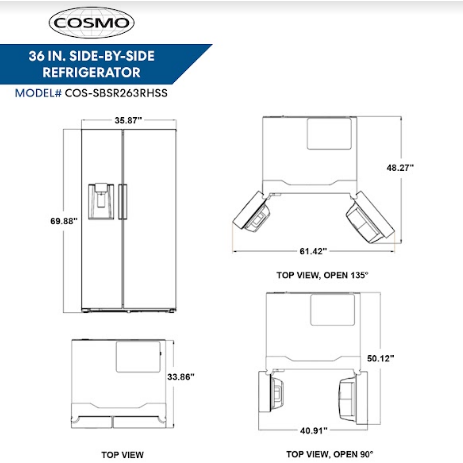 Cosmo 26.3 cu. ft. Side-by-Side Refrigerator with Water and Ice Dispenser in Stainless Steel26.3 cu. ft. Side-by-Side Refrigerator with Water and Ice Dispenser in Stainless Steel COS-SBSR263RHSS