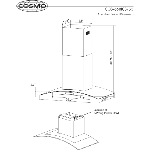 Cosmo 30" Ducted Island Range Hood in Stainless Steel with LED Lighting and Permanent Filters COS-668ICS750