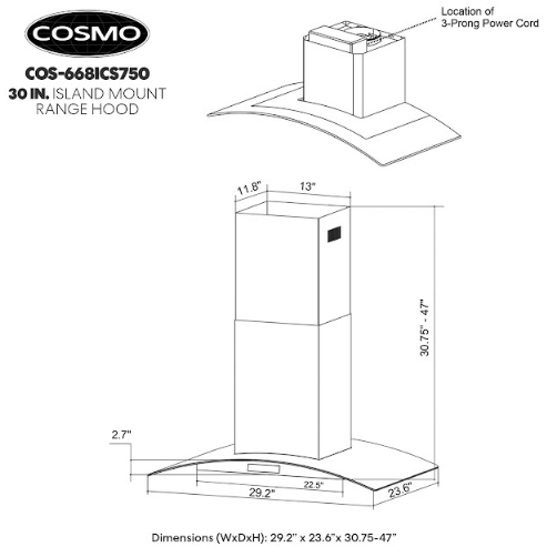 Cosmo 30" Ducted Island Range Hood in Stainless Steel with LED Lighting and Permanent Filters COS-668ICS750