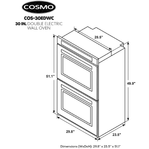 Cosmo 30" Electric Double Wall Oven with 5 cu. ft. Capacity, Turbo True European Convection, 7 Cooking Modes, Self-Cleaning in Stainless Steel COS-30EDWC