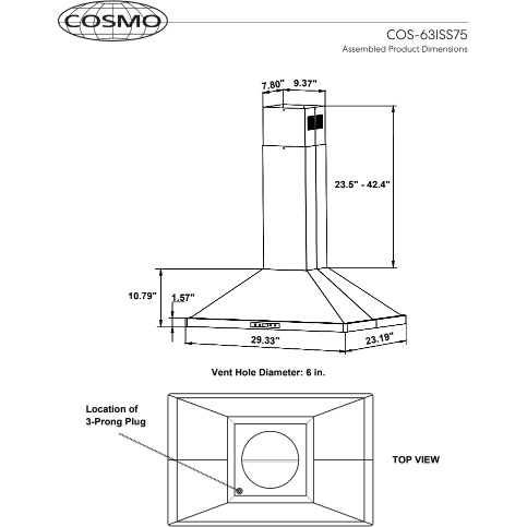 Cosmo 30" Island Range Hood with 3-Speed Fan, 380 CFM, Permanent Filters, LED Lights, Soft Touch Controls, Ducted Kitchen Vent Hood Extractor in Stainless Steel COS-63ISS75