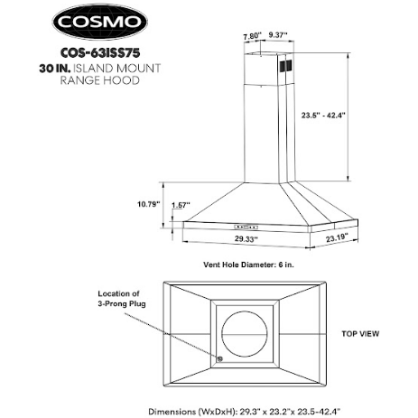 Cosmo 30" Island Range Hood with 3-Speed Fan, 380 CFM, Permanent Filters, LED Lights, Soft Touch Controls, Ducted Kitchen Vent Hood Extractor in Stainless Steel COS-63ISS75