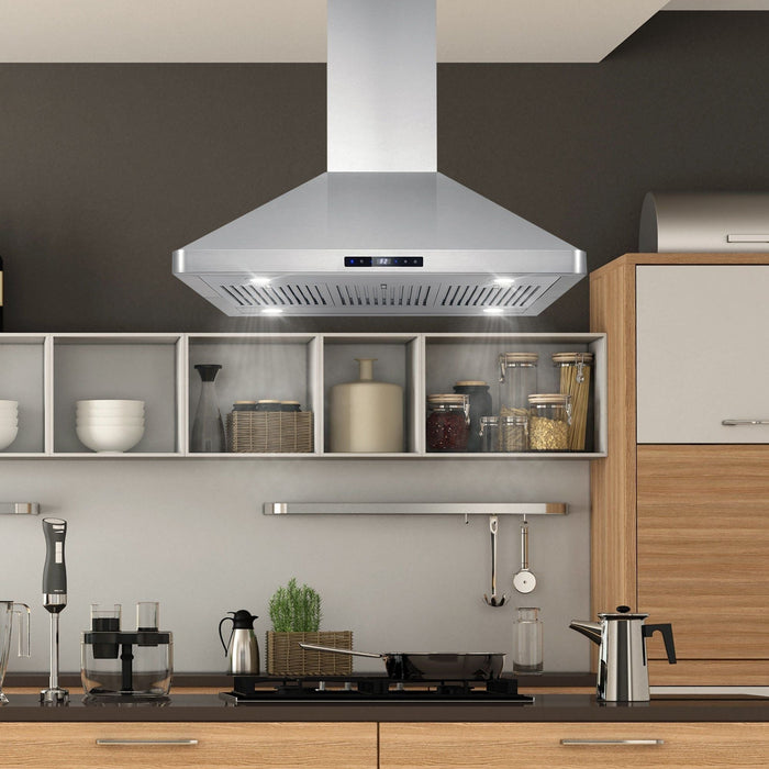 Cosmo 36" Ducted Island Range Hood with 380 CFM, 3-Speed Fan, Permanent Filters, LED Lights in Stainless Steel COS-63ISS90