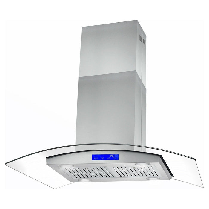 Cosmo 36" Island Range Hood with 380 CFM, 3 Speeds, Ducted, Permanent Filters, Soft Touch Controls, LED Lights, Curved Glass Hood in Stainless Steel COS-668ICS900