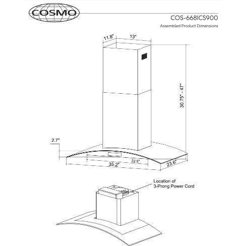 Cosmo 36" Island Range Hood with 380 CFM, 3 Speeds, Ducted, Permanent Filters, Soft Touch Controls, LED Lights, Curved Glass Hood in Stainless Steel COS-668ICS900