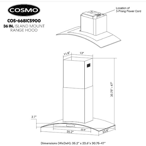 Cosmo 36" Island Range Hood with 380 CFM, 3 Speeds, Ducted, Permanent Filters, Soft Touch Controls, LED Lights, Curved Glass Hood in Stainless Steel COS-668ICS900