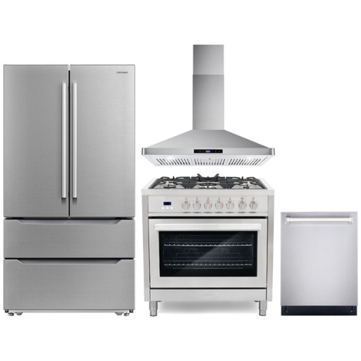 Cosmo 4 Piece, 36" Dual Fuel Range 36" Range Hood 24" Dishwasher & Refrigerator COS-4PKG-223