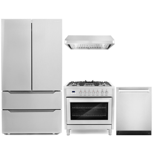 Cosmo 4-Piece, 36" Dual Fuel Range, 36" Range Hood, Dishwasher and Refrigerator COS-4PKG-077