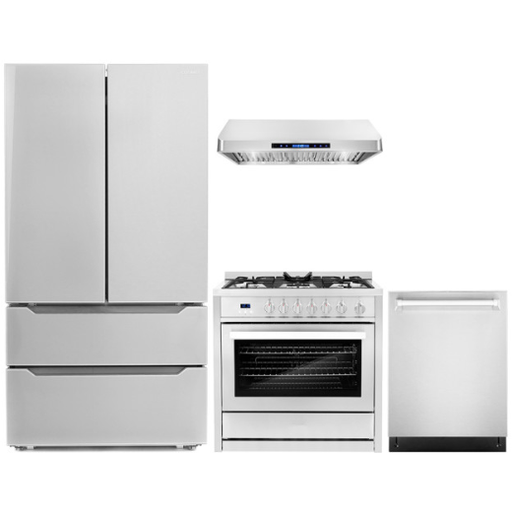 Cosmo 4-Piece, 36" Gas Range, 36" Range Hood, 24" Dishwasher and Refrigerator COS-4PKG-005