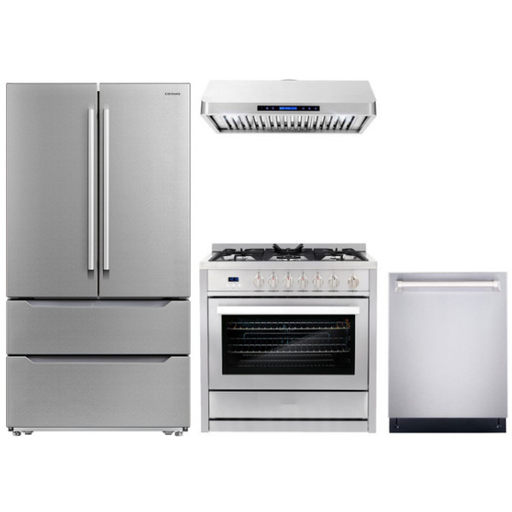 Cosmo 4 Piece, 36" Gas Range 36" Range Hood 24" Dishwasher & Refrigerator COS-4PKG-150