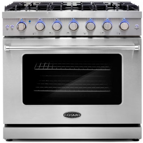 Cosmo 4-Piece, 36" Gas Range, Dishwasher, Refrigerator and 48 Bottle Wine Cooler COS-4PKG-104