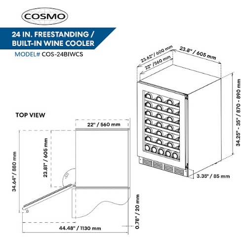 Cosmo 48 Bottle Stainless Steel 24 in. Single Zone Compressor Wine Cooler COS-24BIWCS