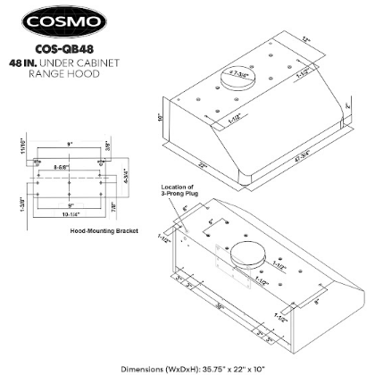 Cosmo 48"  Under Cabinet Range Hood with Push Button Controls, Permanent Filters, 3-Speed Fan and LED Lights in Stainless Steel COS-QB48