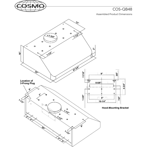 Cosmo 48"  Under Cabinet Range Hood with Push Button Controls, Permanent Filters, 3-Speed Fan and LED Lights in Stainless Steel COS-QB48