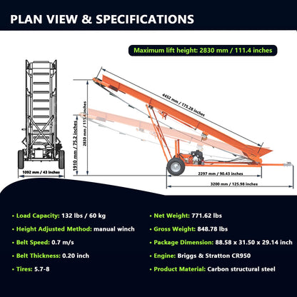 [CLEARANCE] 6.5HP 208cc Firewood Conveyor Max. 9.3ft Lift Height with B&S Engine