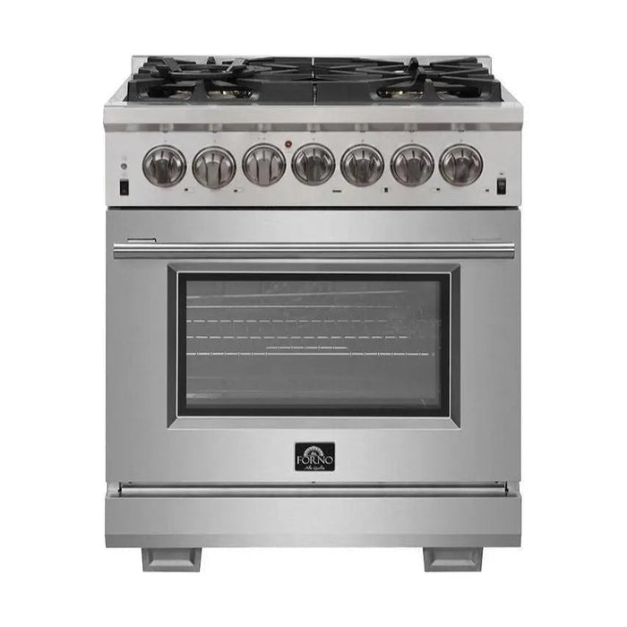 Forno 3-Piece Appliance Package - 30-Inch Dual Fuel Range, 56-Inch Pro-Style Refrigerator & Wall Mount Hood with Backsplash in Stainless Steel