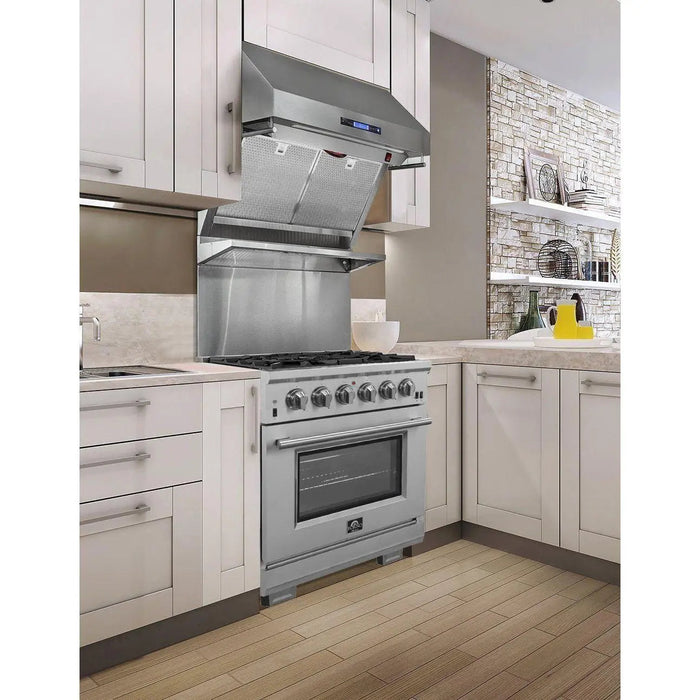 Forno 3-Piece Appliance Package - 30-Inch Gas Range, 56-Inch Pro-Style Refrigerator & Wall Mount Hood with Backsplash in Stainless Steel