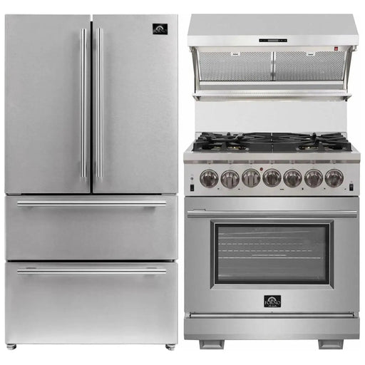 Forno 3-Piece Pro Appliance Package - 30-Inch Dual Fuel Range, Refrigerator, & Wall Mount Hood with Backsplash in Stainless Steel