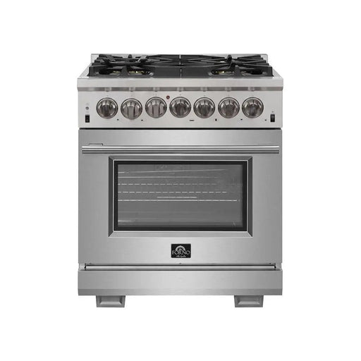 Forno 3-Piece Pro Appliance Package - 30-Inch Dual Fuel Range, Refrigerator, & Wall Mount Hood with Backsplash in Stainless Steel