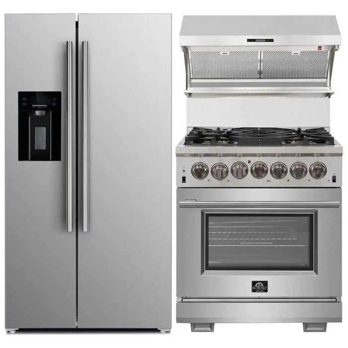 Forno 3-Piece Pro Appliance Package - 30-Inch Dual Fuel Range, Refrigerator with Water Dispenser,& Wall Mount Hood with Backsplash in Stainless Steel