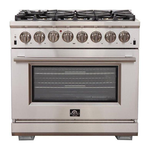 Forno 3-Piece Pro Appliance Package - 36-Inch Dual Fuel Range, 36-Inch Refrigerator & Wall Mount Hood with Backsplash in Stainless Steel