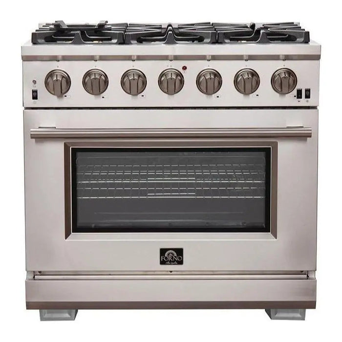 Forno 3-Piece Pro Appliance Package - 36-Inch Gas Range, Refrigerator, & Wall Mount Hood with Backsplash in Stainless Steel