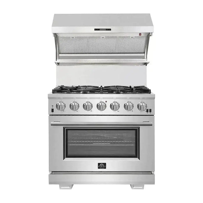 Forno 3-Piece Pro Appliance Package - 36-Inch Gas Range, Refrigerator with Water Dispenser,& Wall Mount Hood with Backsplash in Stainless Steel