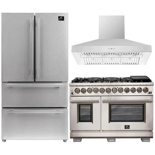 Forno 3-Piece Pro Appliance Package - 48-Inch Dual Fuel Range, 36-Inch Refrigerator & Wall Mount Hood in Stainless Steel