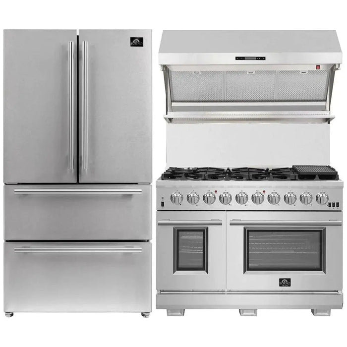 Forno 3-Piece Pro Appliance Package - 48-Inch Gas Range, 36-Inch Refrigerator & Wall Mount Hood with Backsplash in Stainless Steel