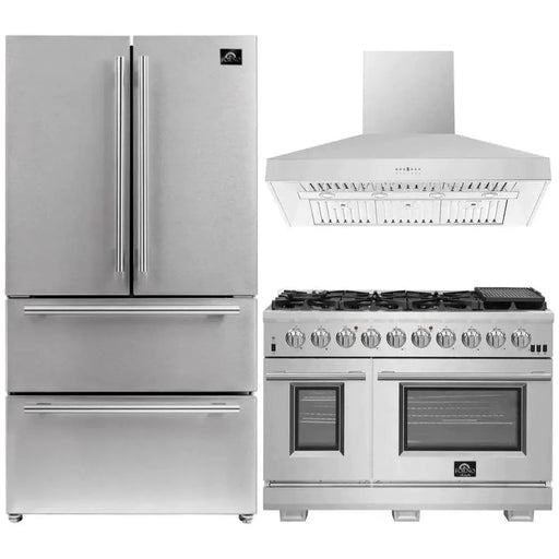 Forno 3-Piece Pro Appliance Package - 48-Inch Gas Range, Refrigerator, Wall Mount Hood in Stainless Steel