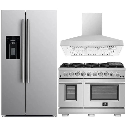 Forno 3-Piece Pro Appliance Package - 48-Inch Gas Range, Refrigerator with Water Dispenser, & Wall Mount Hood in Stainless Steel