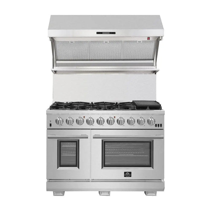 Forno 3-Piece Pro Appliance Package - 48-Inch Gas Range, Refrigerator with Water Dispenser,& Wall Mount Hood with Backsplash in Stainless Steel