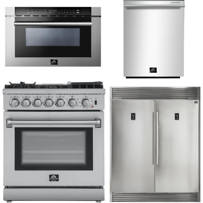 Forno 30" Dual Fuel Range, 60" Refrigerator, Dishwasher and Microwave Drawer Appliance Package