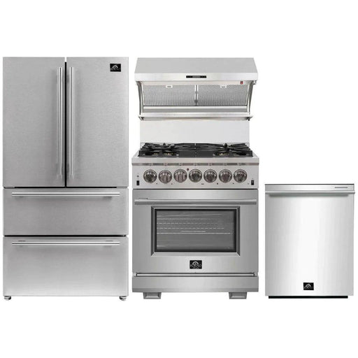 Forno 30" Dual Fuel Range, Premium Hood, French Door Refrigerator & Stainless Steel Dishwasher Pro Appliance Package