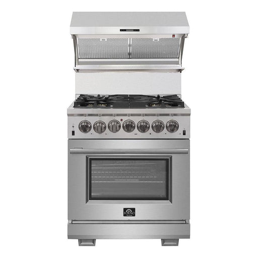 Forno 30" Dual Fuel Range, Premium Hood, French Door Refrigerator & Stainless Steel Dishwasher Pro Appliance Package