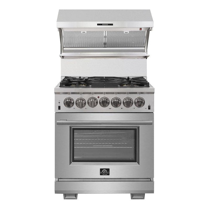 Forno 30" Dual Fuel Range, Premium Hood, French Door Refrigerator & Stainless Steel Dishwasher Pro Appliance Package