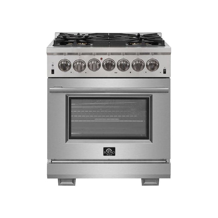 Forno 30" Dual Fuel Range, Premium Hood, French Door Refrigerator & Stainless Steel Dishwasher Pro Appliance Package