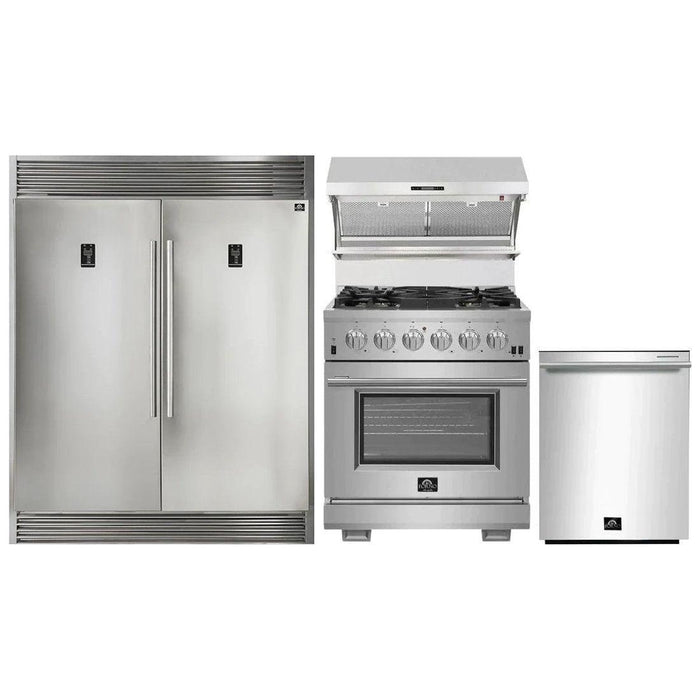 Forno 30" Gas Range, 56" Pro-Style Refrigerator, Wall Mount Hood with Backsplash & Stainless Steel Dishwasher Pro Appliance Package