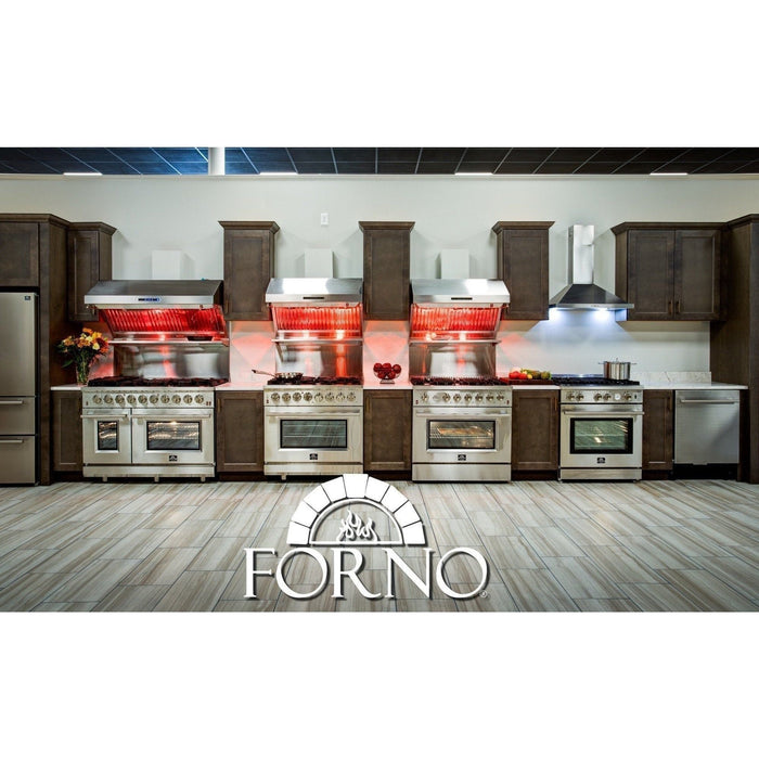 Forno 30" Gas Range, 56" Pro-Style Refrigerator, Wall Mount Hood with Backsplash & Stainless Steel Dishwasher Pro Appliance Package