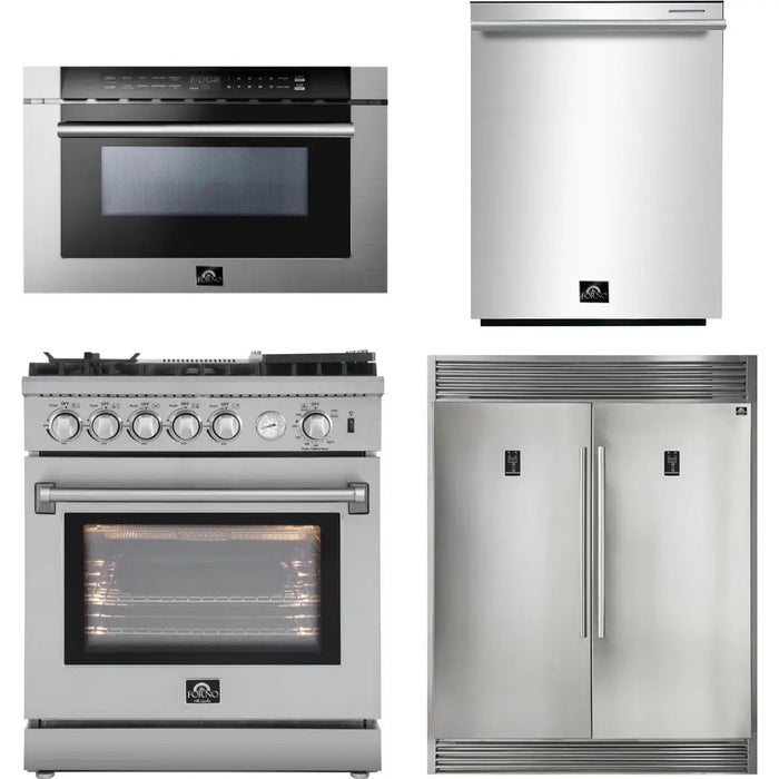 Forno 30" Gas Range, 60" Refrigerator, Dishwasher and Microwave Drawer Appliance Package