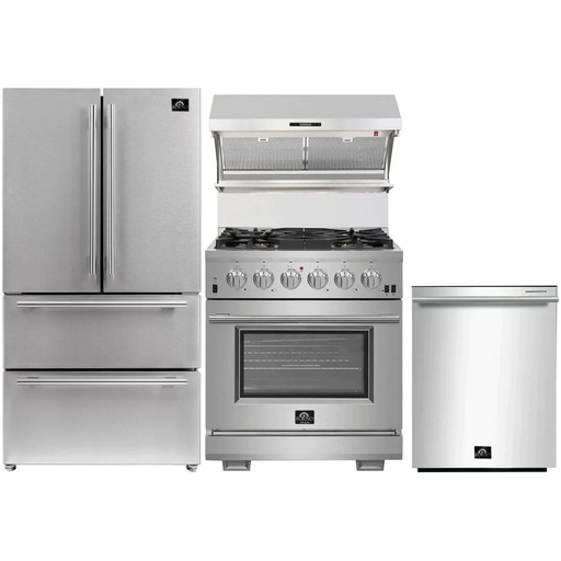 Forno 30" Gas Range, French Door Refrigerator, Wall Mount Hood with Backsplash and Stainless Steel Dishwasher Pro Appliance Package